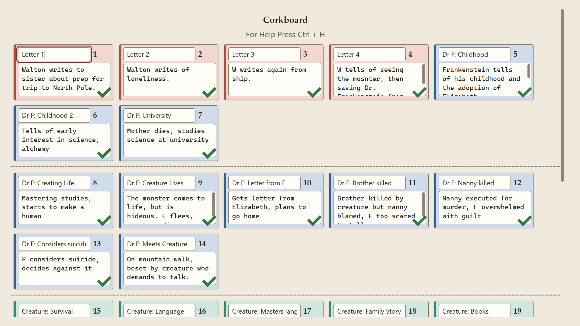 The WareWoolf corkboard: rows of tinted index cards, each with a chapter title, number, a one-line synopsis and a green checkmark, separated by dashed act breaks