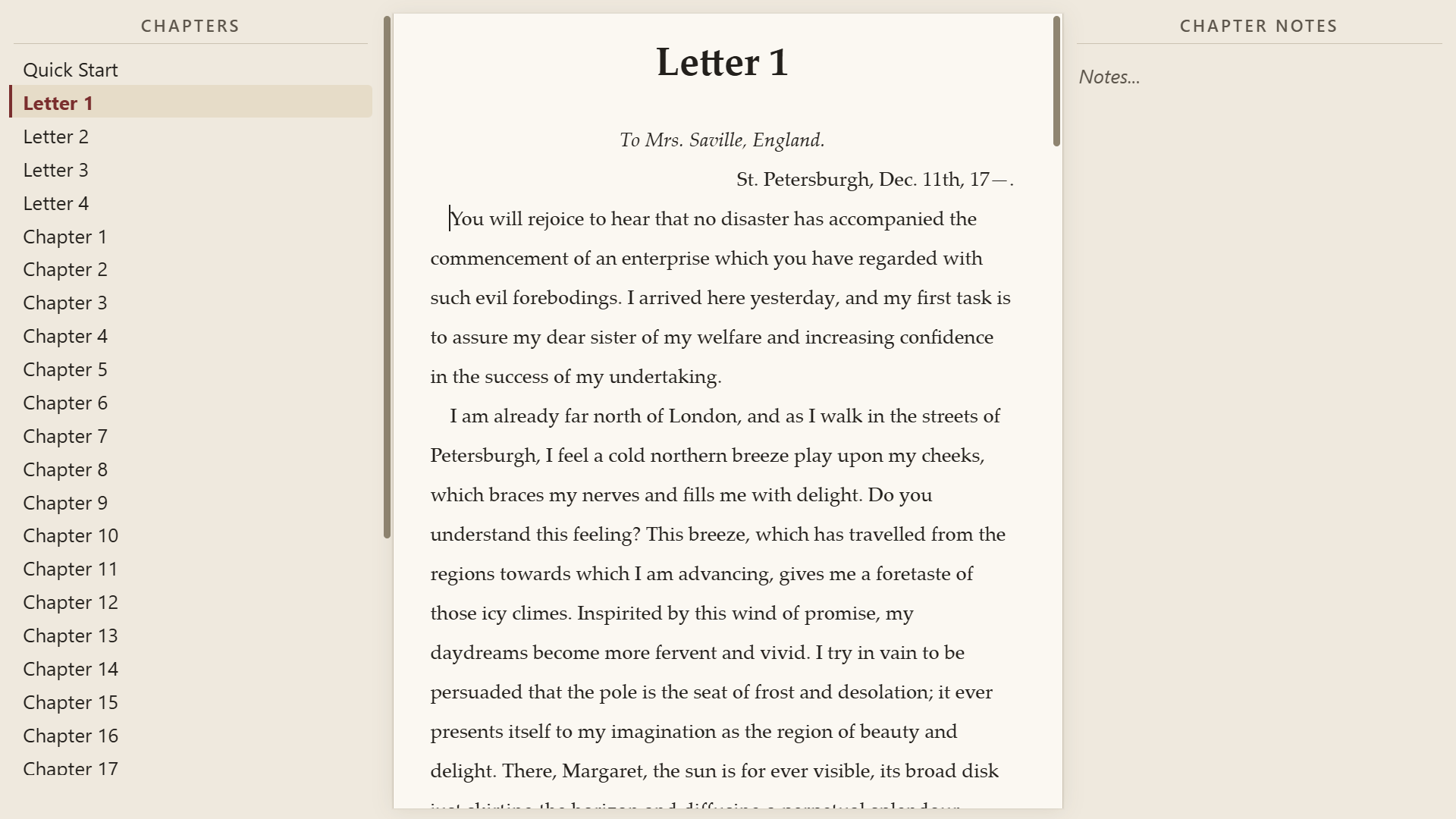 WareWoolf in light mode: a chapter list on the left, the manuscript on a cream sheet in the middle, chapter notes on the right